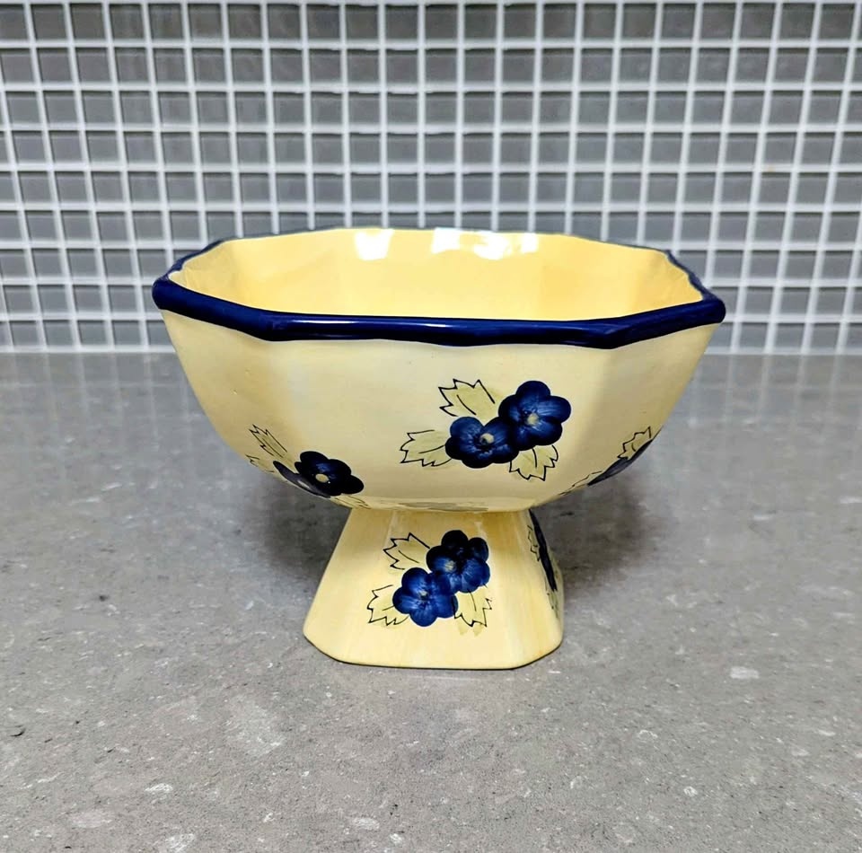 Charming Hand Painted Yellow & Blue Ceramic Pedestal Bowl