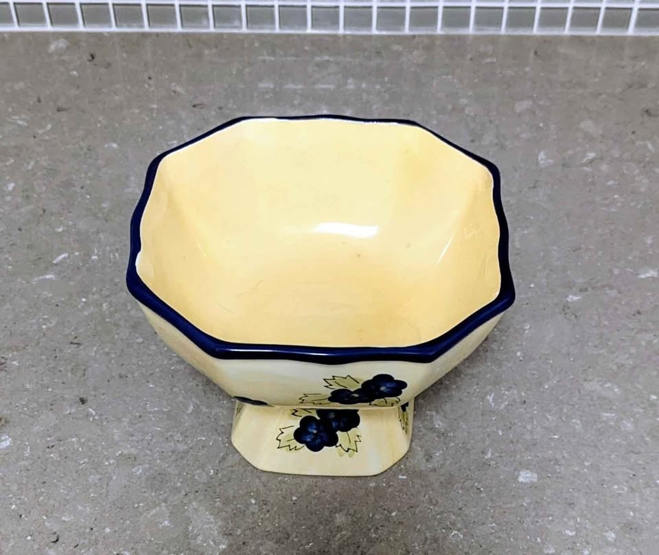 Charming Hand Painted Yellow & Blue Ceramic Pedestal Bowl - photo 2