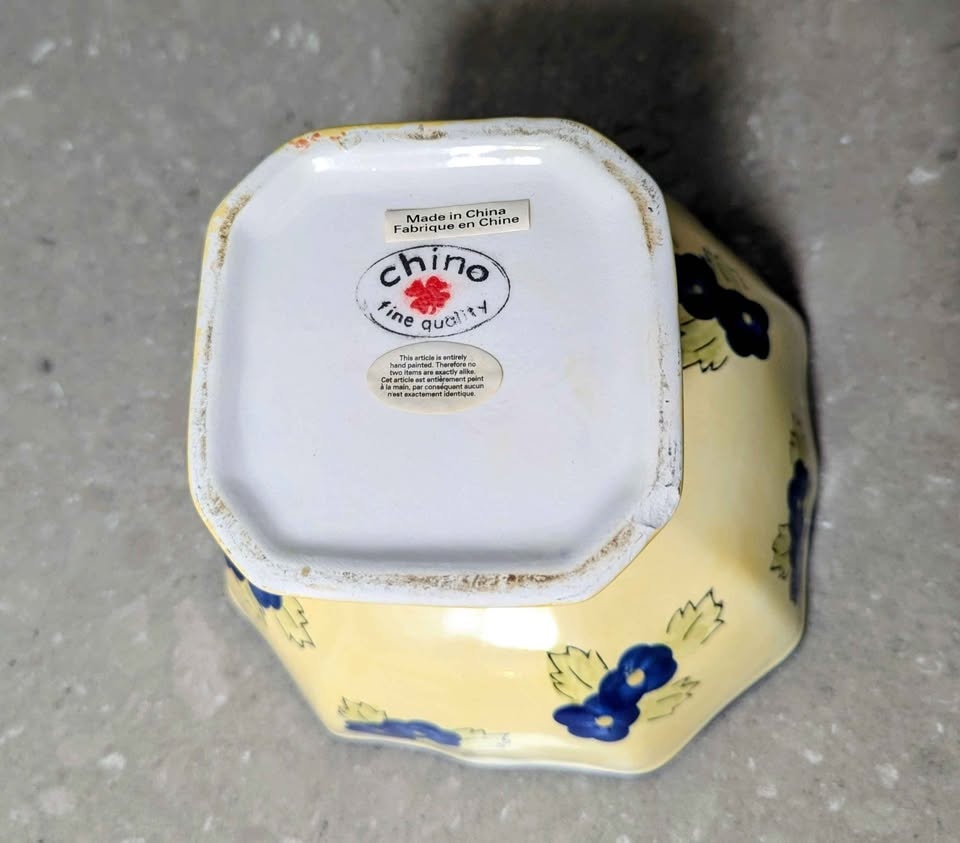 Charming Hand Painted Yellow & Blue Ceramic Pedestal Bowl - photo 3