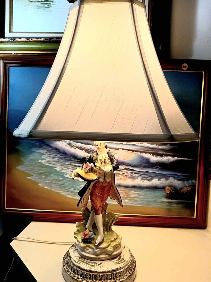 Antique Victorian table lamps with shades. Two figurines, statue