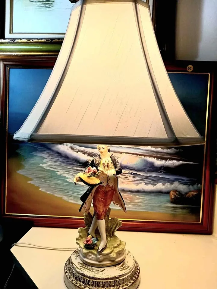 Antique Victorian table lamps with shades. Two figurines, statue