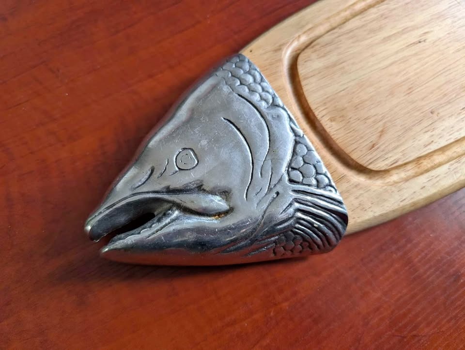 1970s Large Wood and Metal Fish Cutting Board and Server
