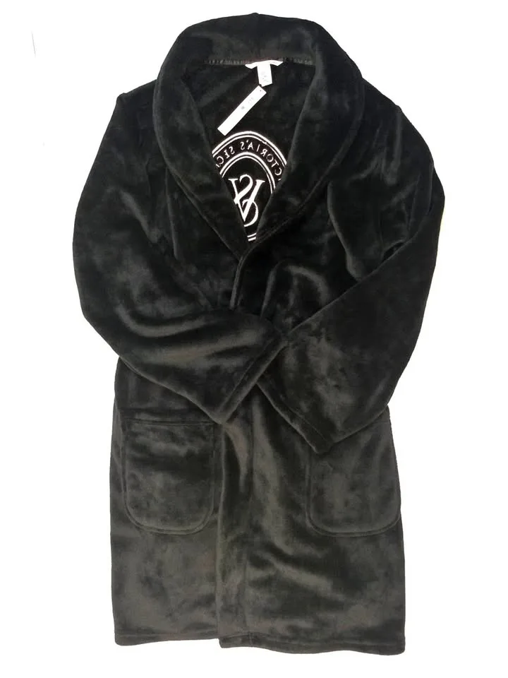NEW * Victorias Secret Plush Robe Womens Small Black Lounge Cozy