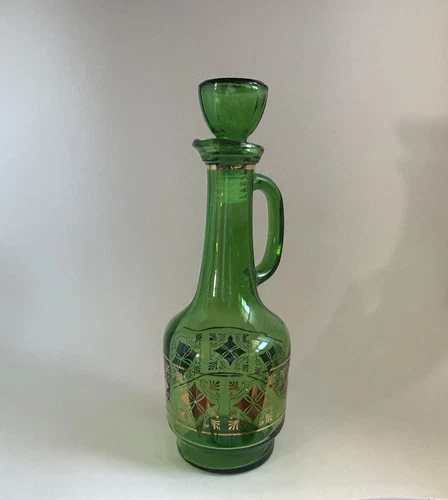 Vintage MCM Barware Green & Gold Glass Decanter w/ Stopper