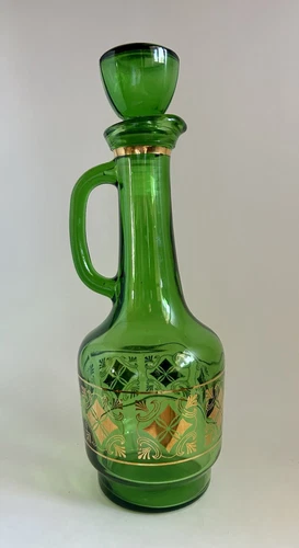 Vintage MCM Barware Green & Gold Glass Decanter w/ Stopper - photo 2