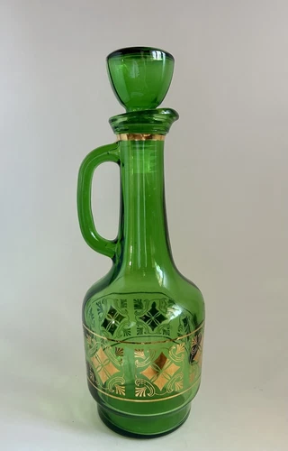 Vintage MCM Barware Green & Gold Glass Decanter w/ Stopper - photo 3