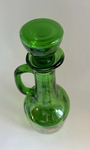 Vintage MCM Barware Green & Gold Glass Decanter w/ Stopper - photo 4