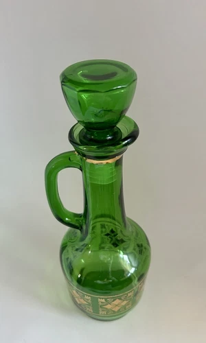Vintage MCM Barware Green & Gold Glass Decanter w/ Stopper - photo 5