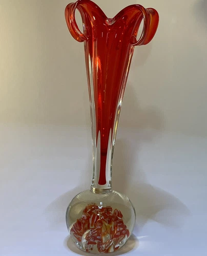 Mid Century Red/Orange Swung Glass Vase Paperweight - photo 4