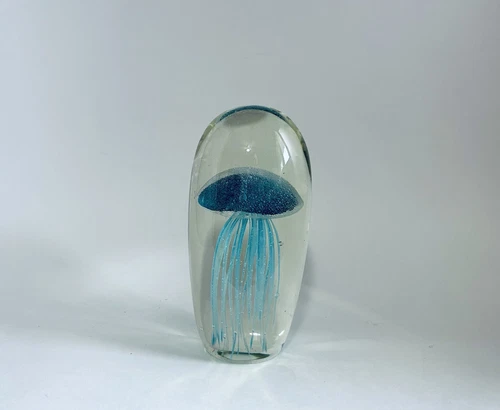 Vintage Glow In The Dark Art Glass BLUE Jelly Fish LARGE Paperwe