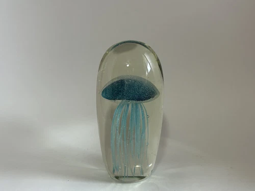 Vintage Glow In The Dark Art Glass BLUE Jelly Fish LARGE Paperwe - photo 5