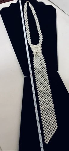 Vintage 19” Faux Pearl Necktie Necklace Asymmetrical Classic Ivo - photo 3