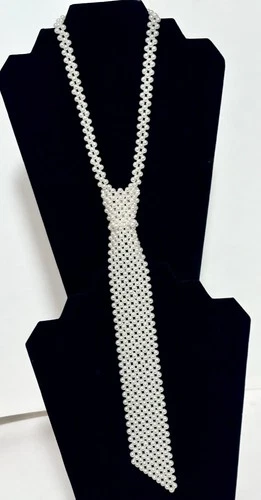 Vintage 19” Faux Pearl Necktie Necklace Asymmetrical Classic Ivo - photo 5