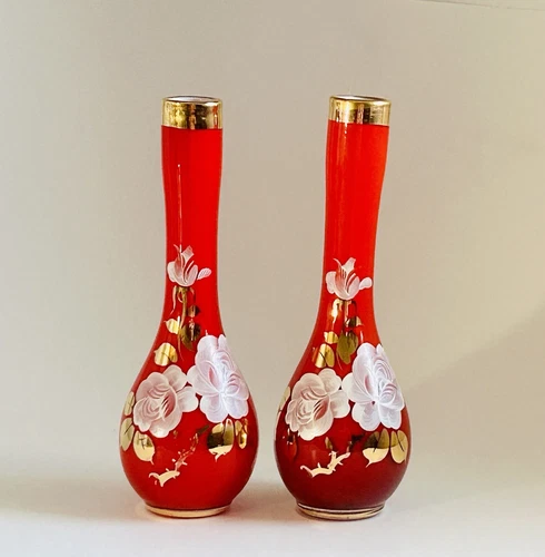 Set of 2 Art Glass Bud Vases Hand Painted Gold Leaves 8” - photo 2