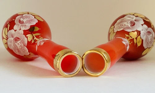 Set of 2 Art Glass Bud Vases Hand Painted Gold Leaves 8” - photo 3