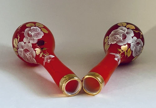 Set of 2 Art Glass Bud Vases Hand Painted Gold Leaves 8” - photo 4