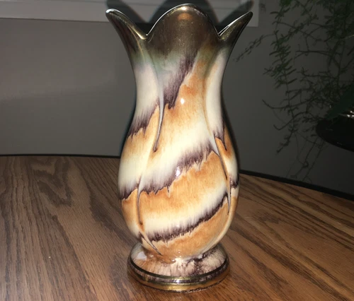 Mid Century Tulip Shape Brown Cream & Gold Vase - West Germany