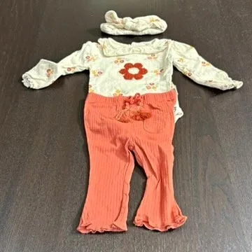 Rabbit + Bear Organic Cotton Set - Size 0-3M - Red Flower