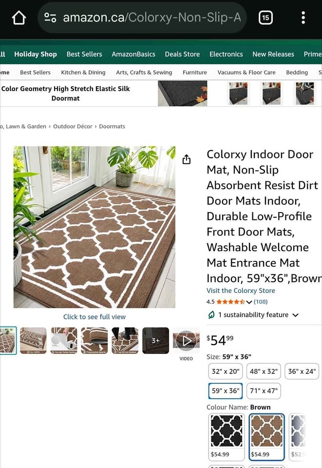 Colorxy Indoor Door Mat - 59"x36" - Brown Non-Slip
