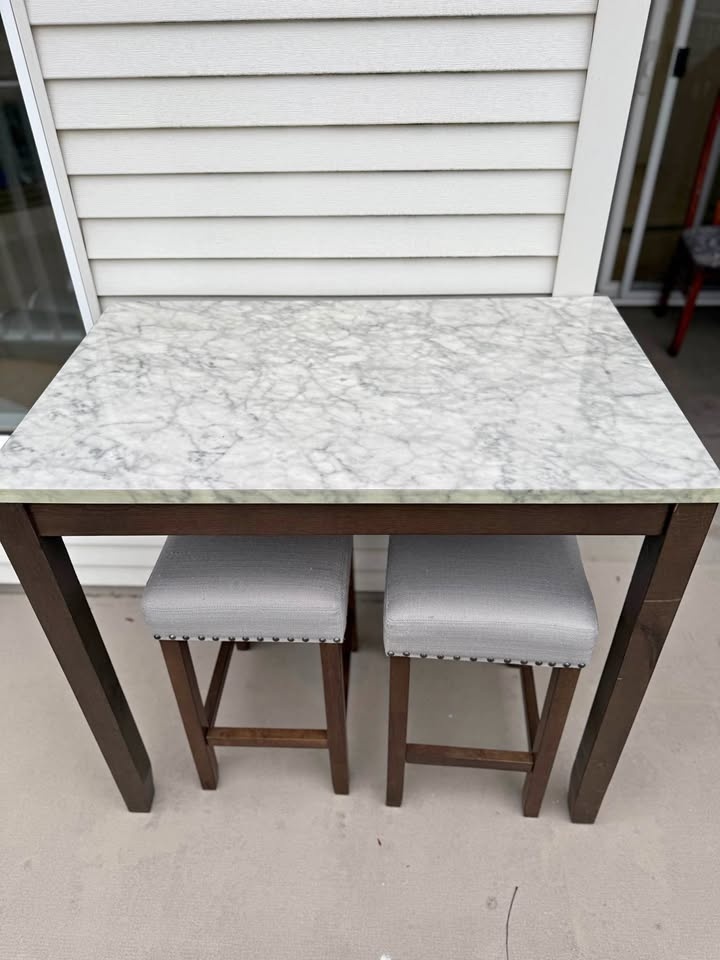 Marble Top Bar Table with Two Bar Stools