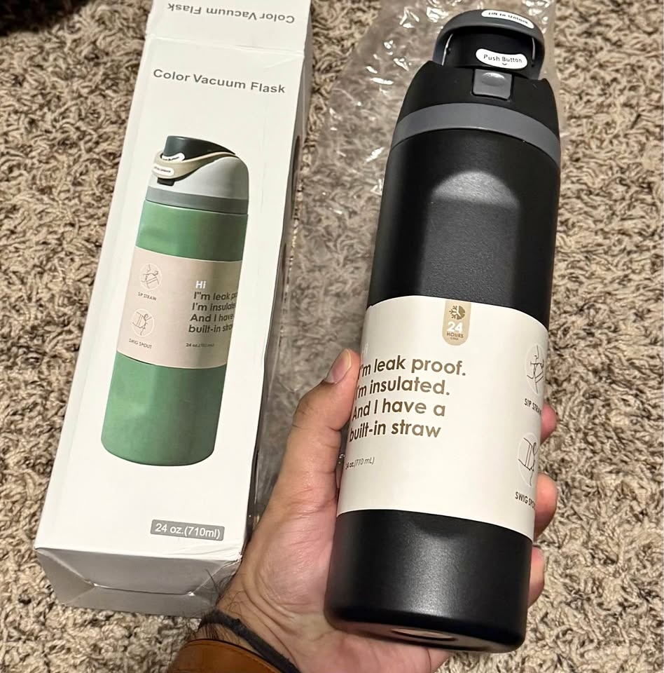 Water Bottle Insulated with Straw Black 24 oz Vacuum Flask
