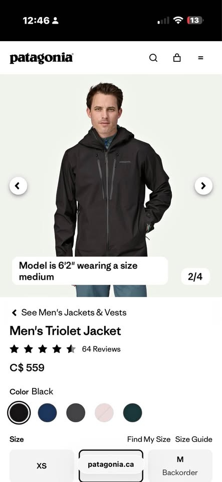 Patagonia Men’s Triolet Jacket — Black — Size M — Brand New