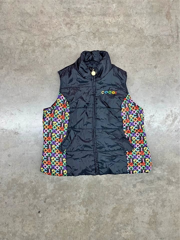 Vintage COOGI Women's Puffer Vest Black Multicolor Rainbow Logo