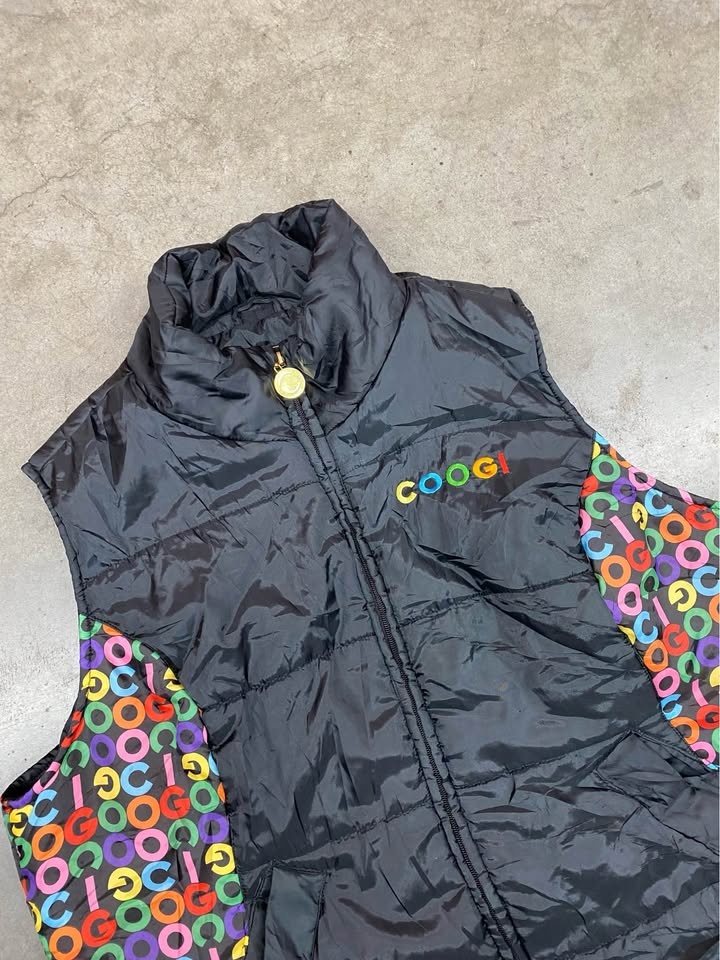 Vintage COOGI Women's Puffer Vest Black Multicolor Rainbow Logo - photo 2