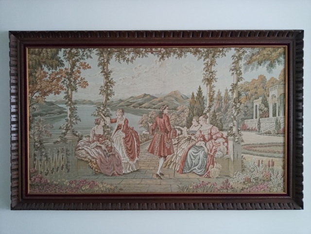 Italian Tapestry in Hand Carved Wooden Frame