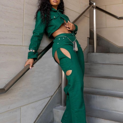Maniere De Voir - Green Denim - Cutout Jacket and Jeans Set💚👖 - photo 5