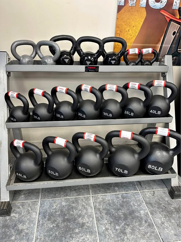 York Kettlebells 5–80 lb + Commercial 3-Tier York Rack