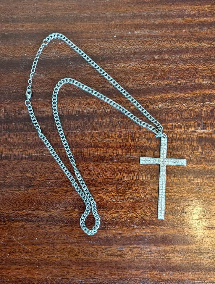 Large Cross Pendant with Chunky Long Chain - Silver Tone