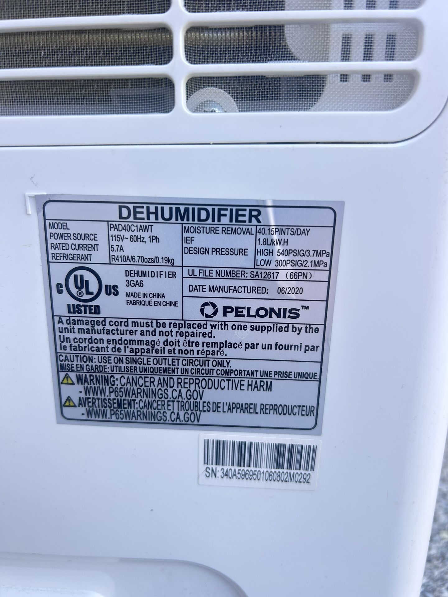 Pelonis Dehumidifier Model PAD40C1AWT 2020 - photo 5