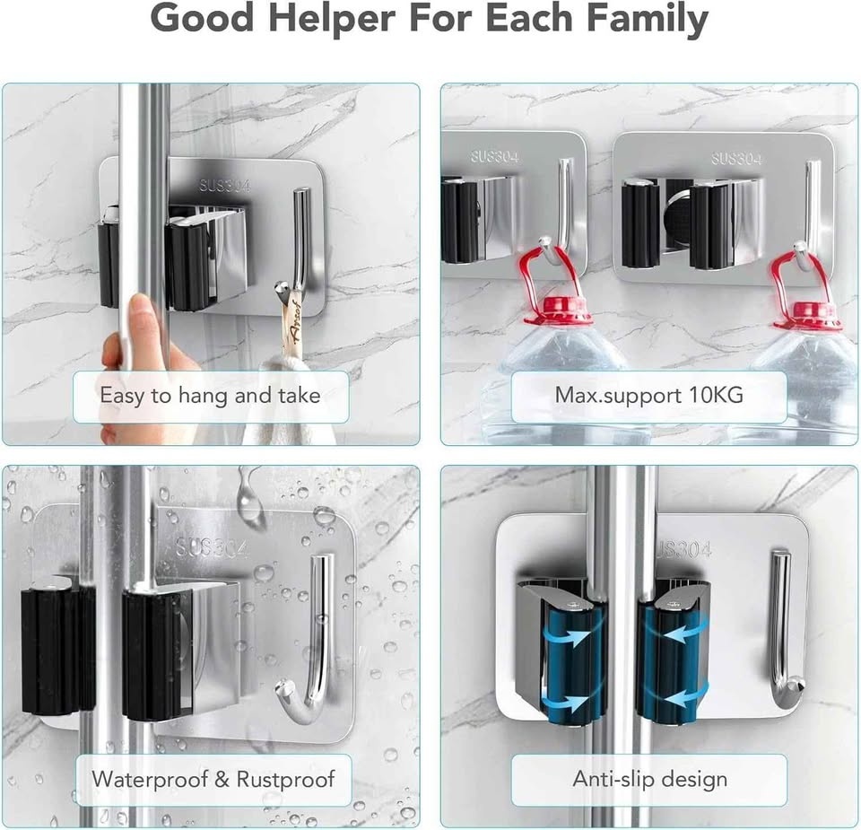 Homeasy Mop Broom Holder, Wall Mounted Heavy Duty, 4pcs - photo 4
