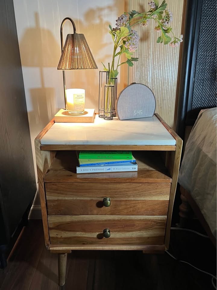 Solid Wood and Marble Nightstand