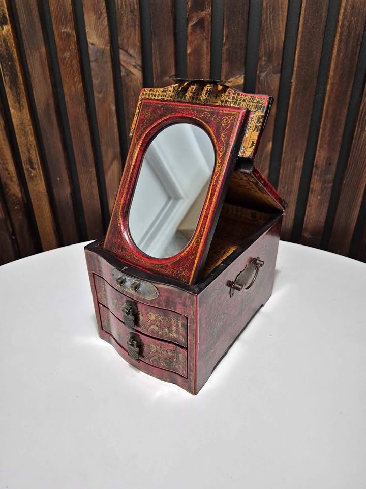 Vintage Chinese Style Wooden Jewelry Box with Mirror