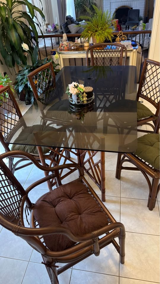 Rattan and bamboo vintage dining table (6 chairs) - photo 2