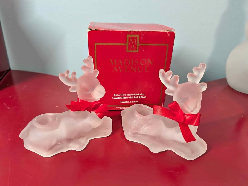 Set of two frosted reindeer candlholders