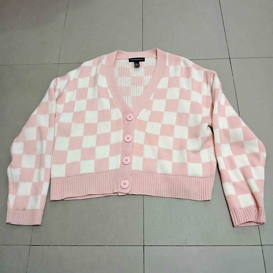 Pink and White Checkered Cardigan