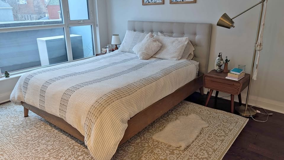 Solid Wood Queen Bedframe Upholstered Headboard + FREE queen mat