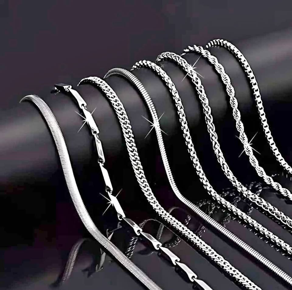 8pcs Stainless Steel Necklace Set – Retro Silvery Hip-Hop Style