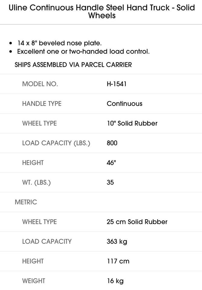 Uline Continuous Handle Steel Hand Truck - Solid Wheels - photo 5
