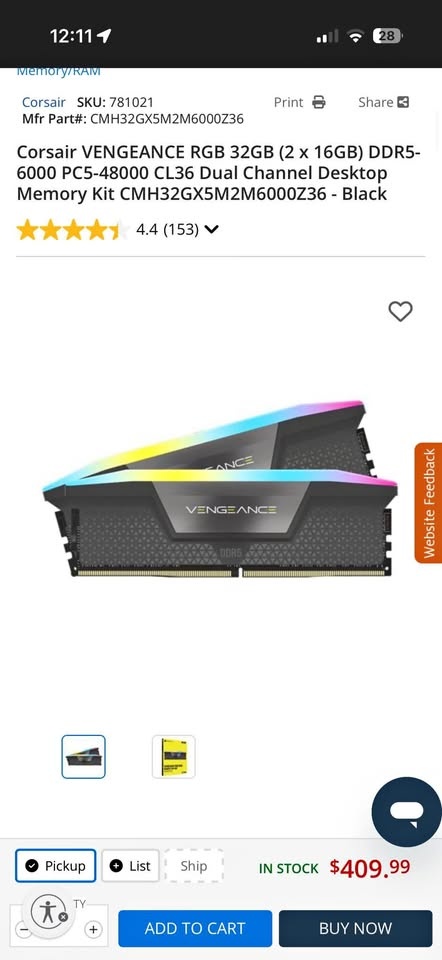 Corsair Vengeance RGB DDR5 32GB (2x16GB) 6000MHz – New