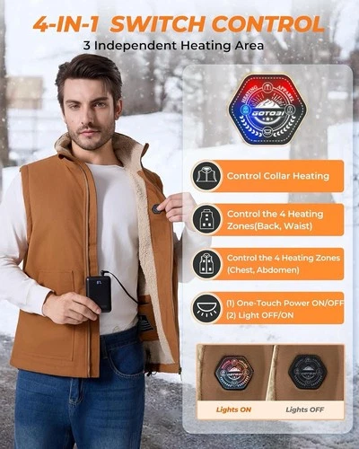 GOTOBI Men's Heated Vest 16000mAh Camel Canvas Sherpa - photo 5