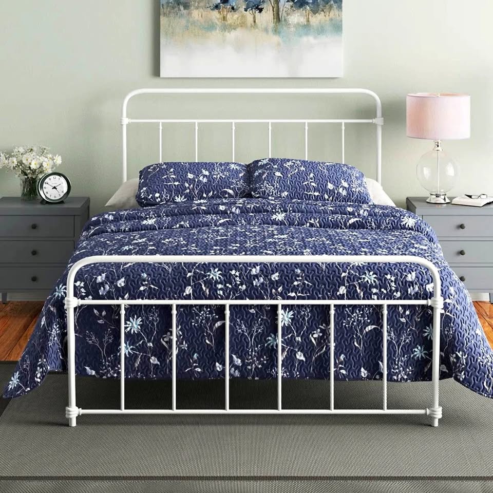 Queen White Farmhouse Style Metal Platform Bed - BRAND NEW