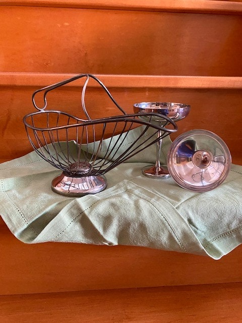 Silver plated brass wine holder and two goblets