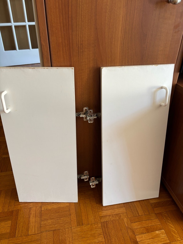 2 White Cabinet Doors with handles, hinges & screws