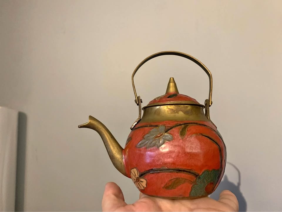 Red Floral Teapot with Brass Accents