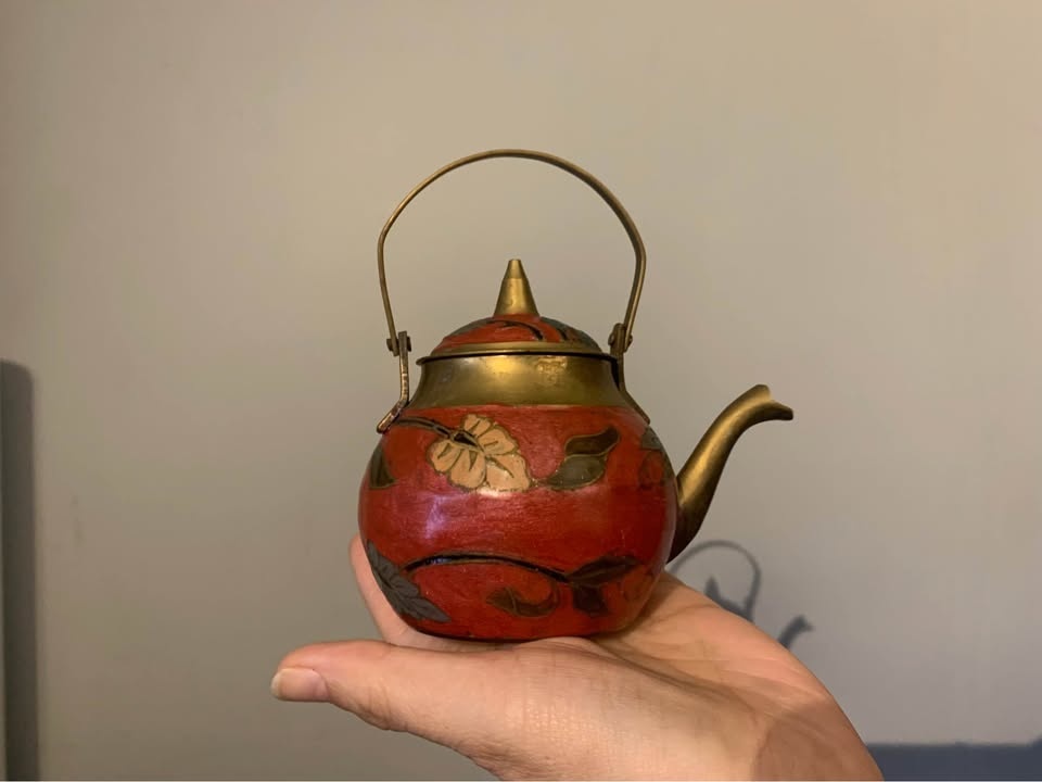 Red Floral Teapot with Brass Accents - photo 2