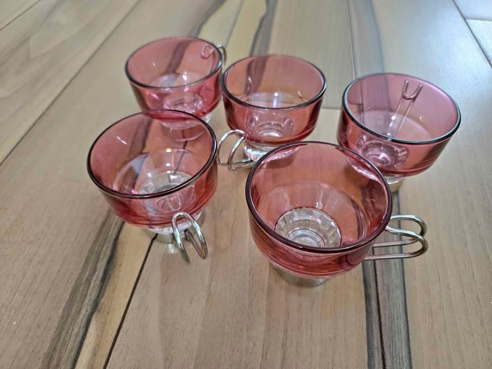 Vintage Cranberry Glass Espresso set of 5 Lubiana Cups